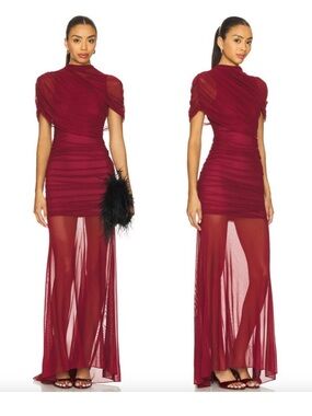 Amanda Uprichard × Revolve Evianna Mesh Gown in Burgundy Women's Size Large Maxi
